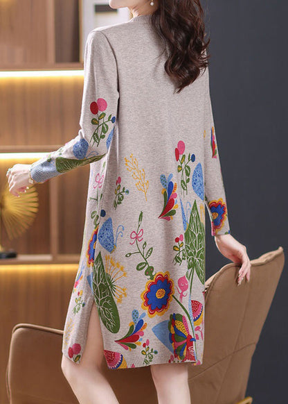 Loose Camel O Neck Side Open Wool Knit Dress Spring TB001