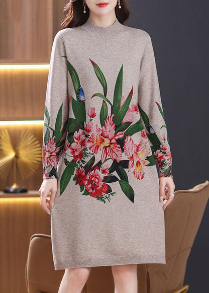 Loose Camel Turtleneck Print Wool Knit Dress Long Sleeve TB023