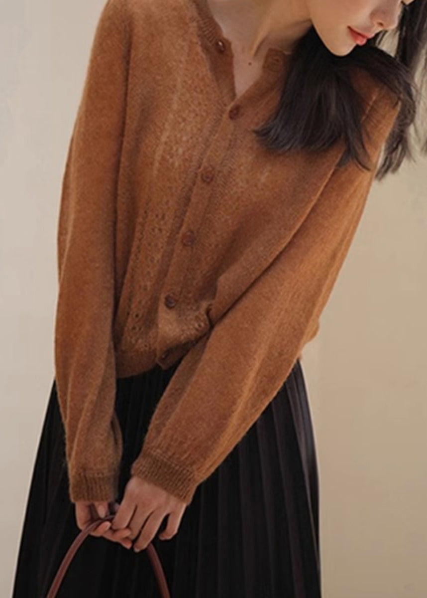 Loose Caramel Button Hollow Out Knit Sweater Spring TF015