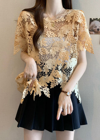 Caramel Sleeve Lace Asymmetrical O-Neck Top Short Loose