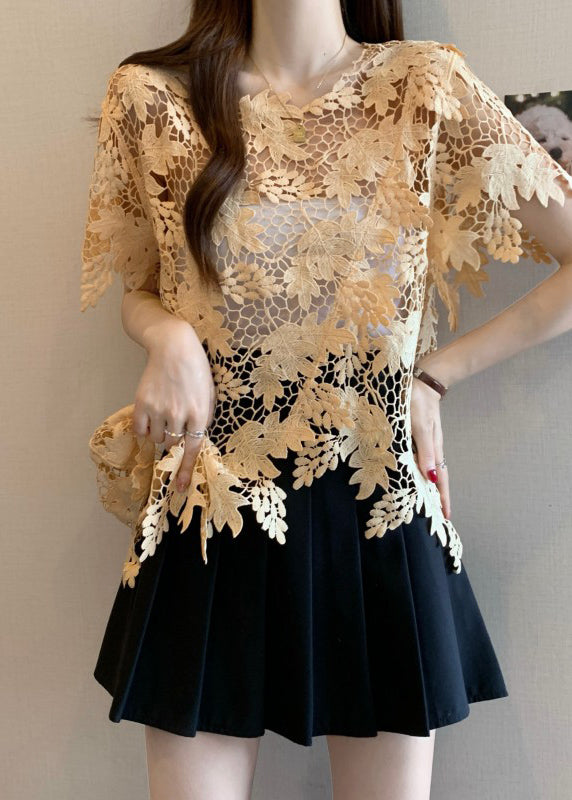 Caramel Sleeve Lace Asymmetrical O-Neck Top Short Loose