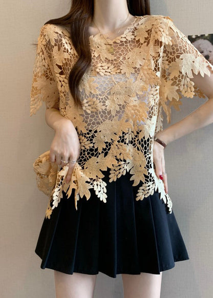 Caramel Sleeve Lace Asymmetrical O-Neck Top Short Loose