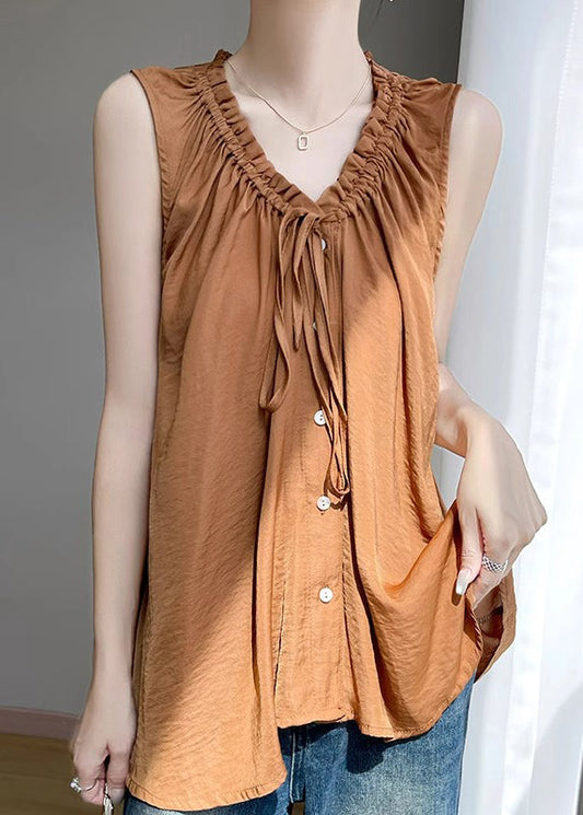 Caramel Up Ruffled Loose Shirt Sleeveless Cotton Lace