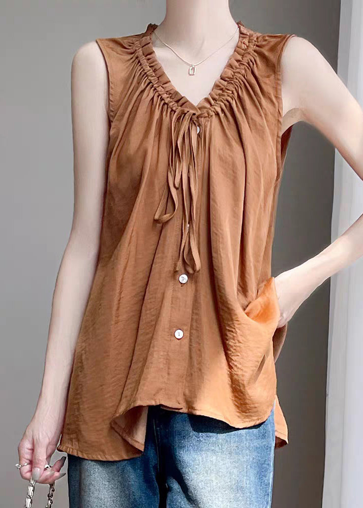 Caramel Up Ruffled Loose Shirt Sleeveless Cotton Lace