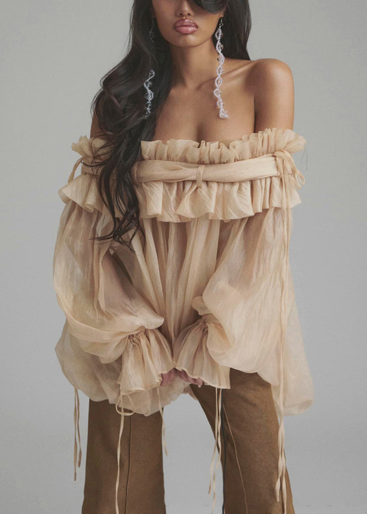 Lace Shirt Button Up Color Loose Tulle Champagne Ruffled Flare