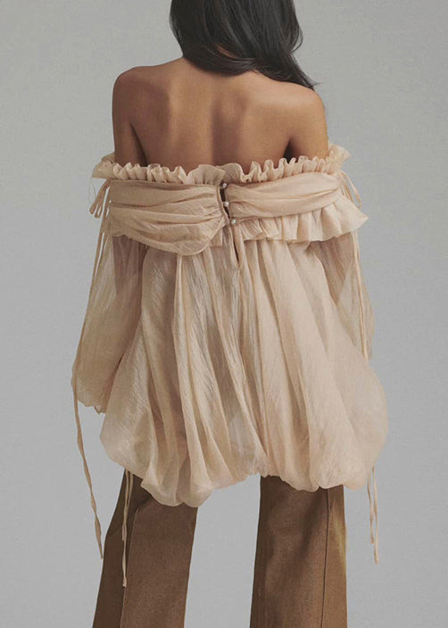 Lace Shirt Button Up Color Loose Tulle Champagne Ruffled Flare