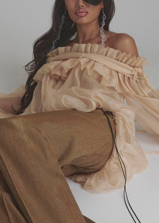 Lace Shirt Button Up Color Loose Tulle Champagne Ruffled Flare