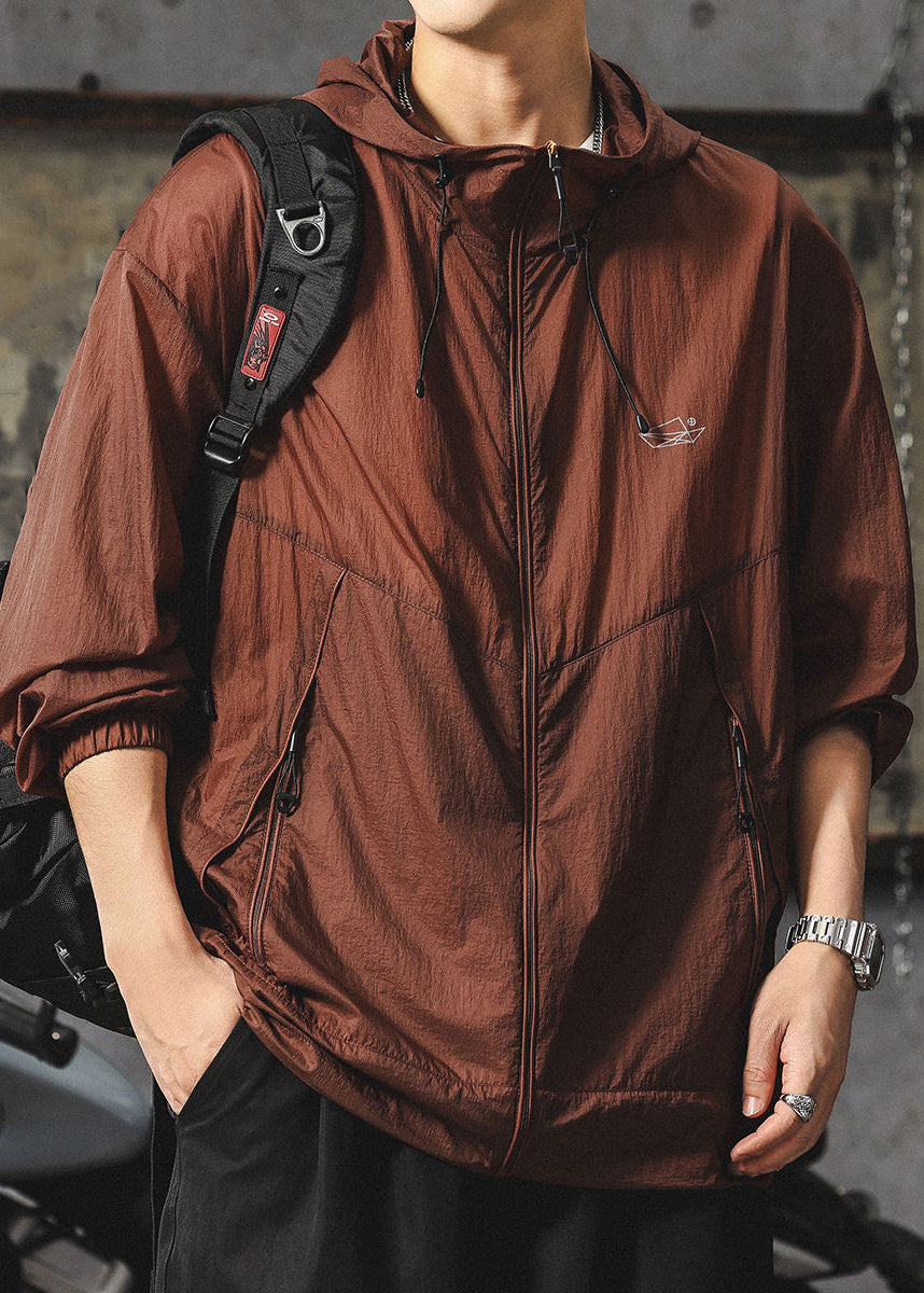 Zippered UPF Summer Hooded Loose 50+ Coat Chocolate Men