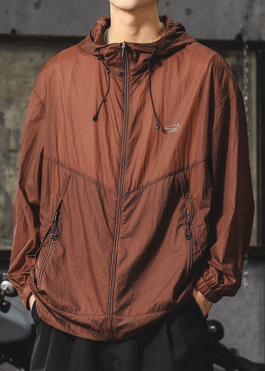 Zippered UPF Summer Hooded Loose 50+ Coat Chocolate Men