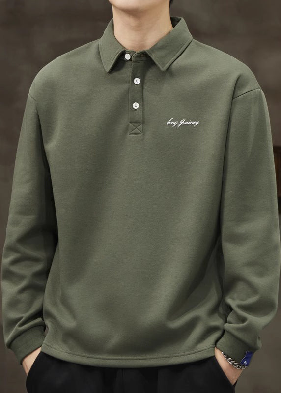 Spring Solid Button Cotton Loose Coffee Men TC017 Shirt Polo