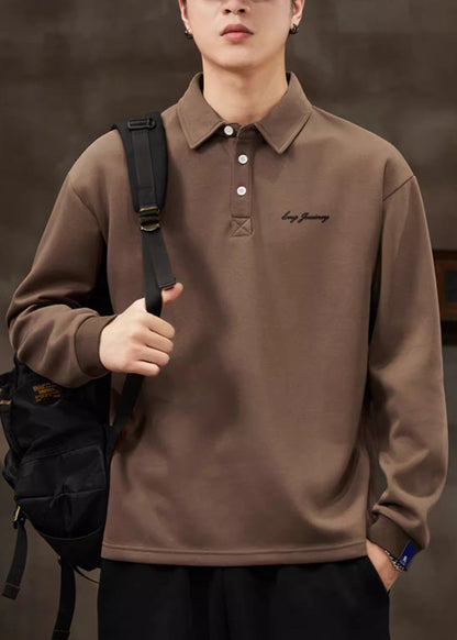 Spring Solid Button Cotton Loose Coffee Men TC017 Shirt Polo