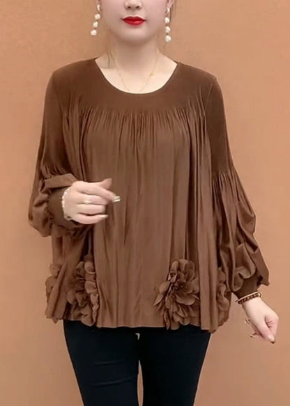 Patchwork Shirt Sleeve Loose Coffee Floral T O-Neck Lantern