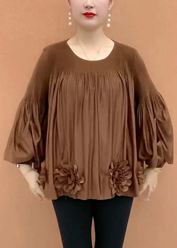 Patchwork Shirt Sleeve Loose Coffee Floral T O-Neck Lantern