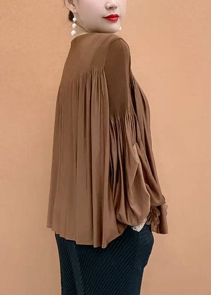 Patchwork Shirt Sleeve Loose Coffee Floral T O-Neck Lantern