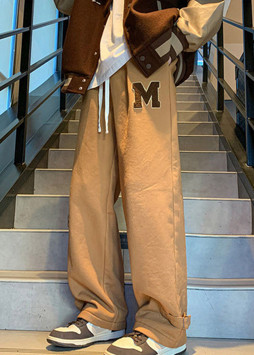 Loose Coffee Pockets Elastic Waist Warm Fleece Men Pants Winter WA043