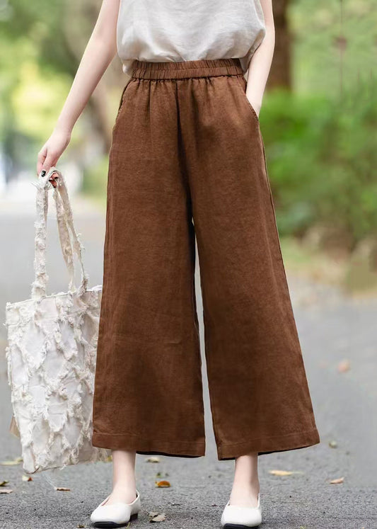 Loose Wide Coffee Summer Pants Leg Pockets Linen