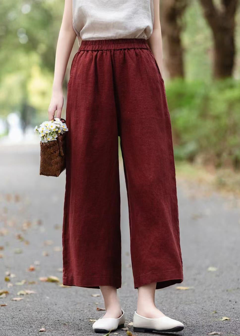 Loose Wide Coffee Summer Pants Leg Pockets Linen