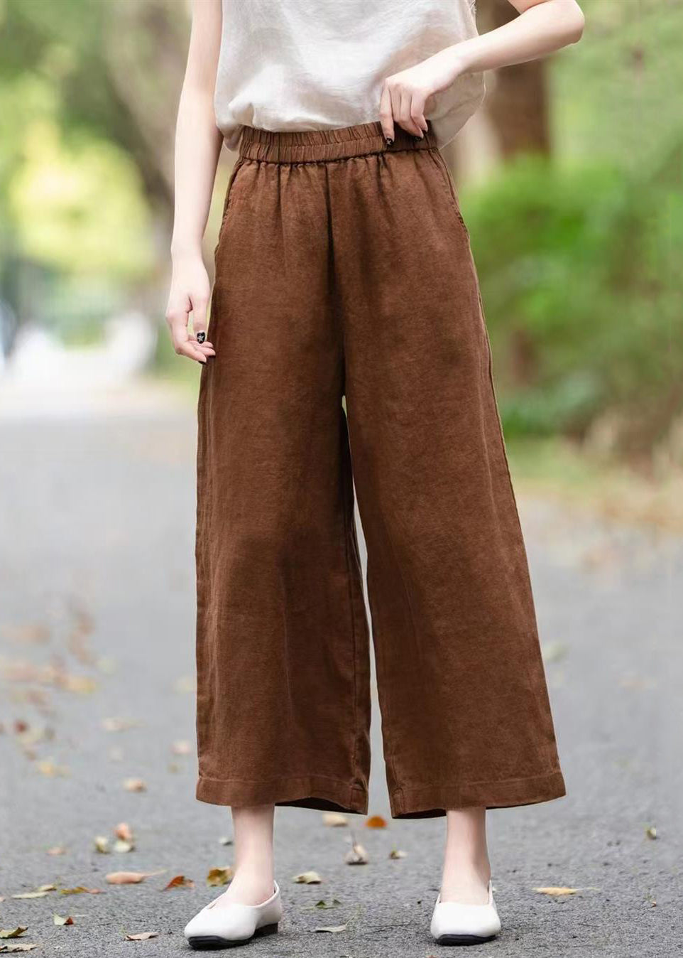 Loose Wide Coffee Summer Pants Leg Pockets Linen