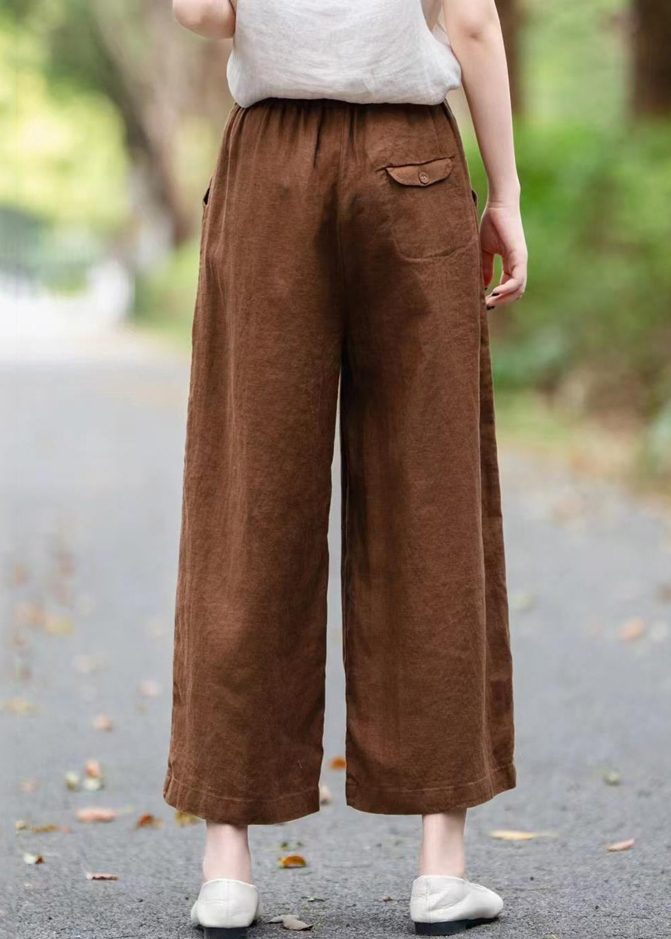 Loose Wide Coffee Summer Pants Leg Pockets Linen
