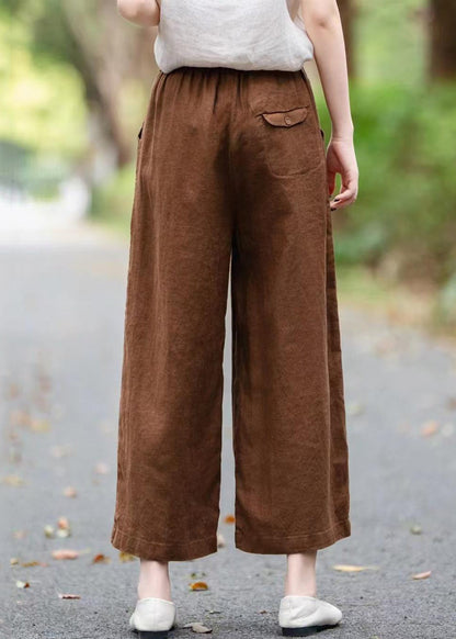 Loose Wide Coffee Summer Pants Leg Pockets Linen