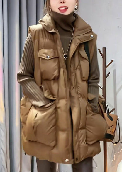 Loose Coffee Zip Up Pockets Cotton Filled Waistcoat Sleeveless YW015