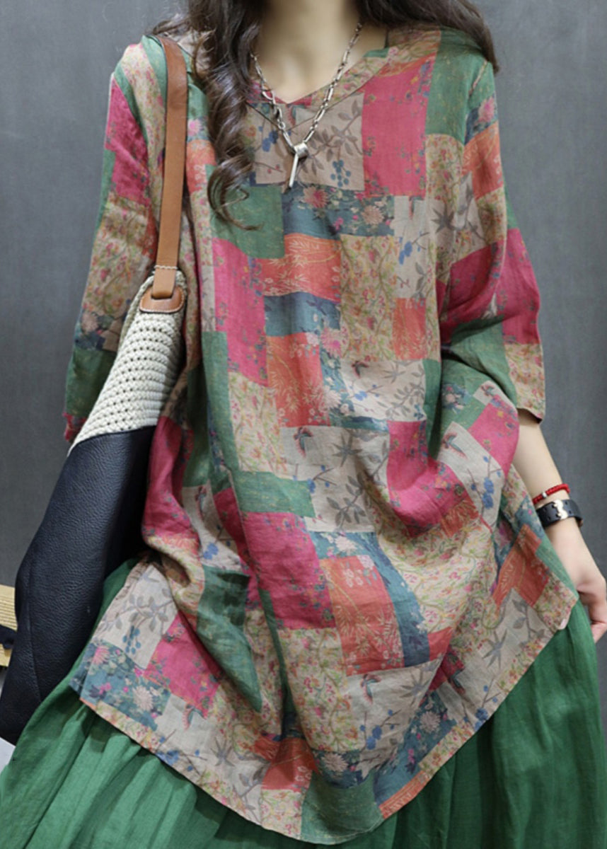 Loose Colorblock Print Side Open Linen Shirt Half Sleeve GG062