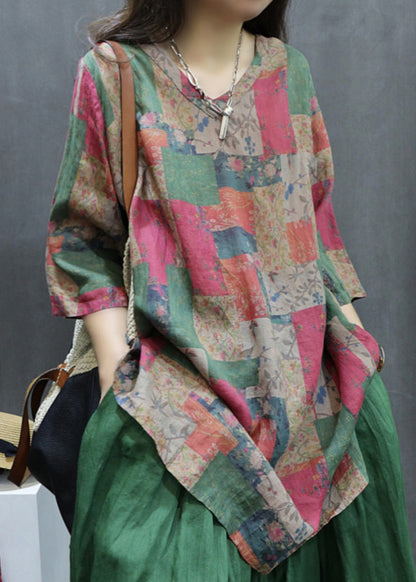 Loose Colorblock Print Side Open Linen Shirt Half Sleeve GG062