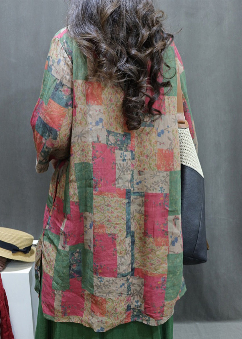 Loose Colorblock Print Side Open Linen Shirt Half Sleeve GG062