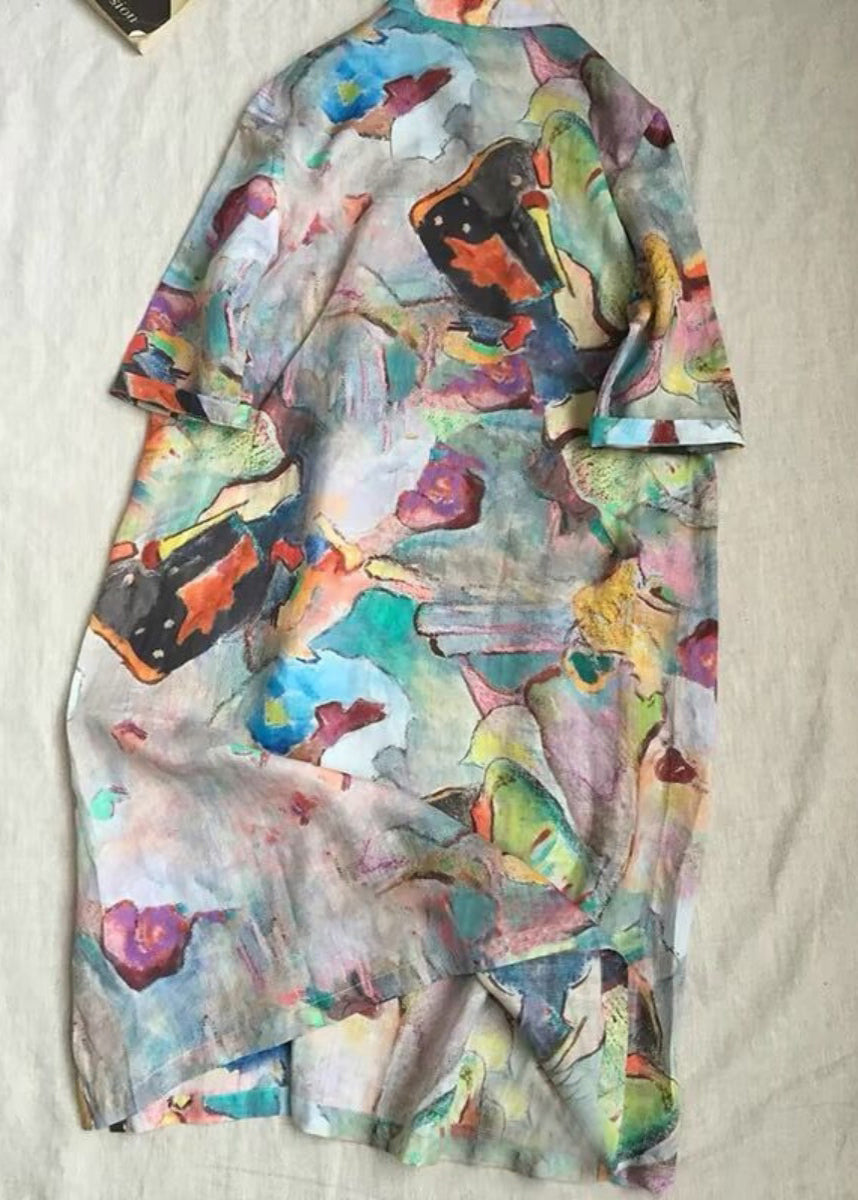Loose Colorblock Stand Collar Button Print Cotton Dress Half Sleeve GH1027