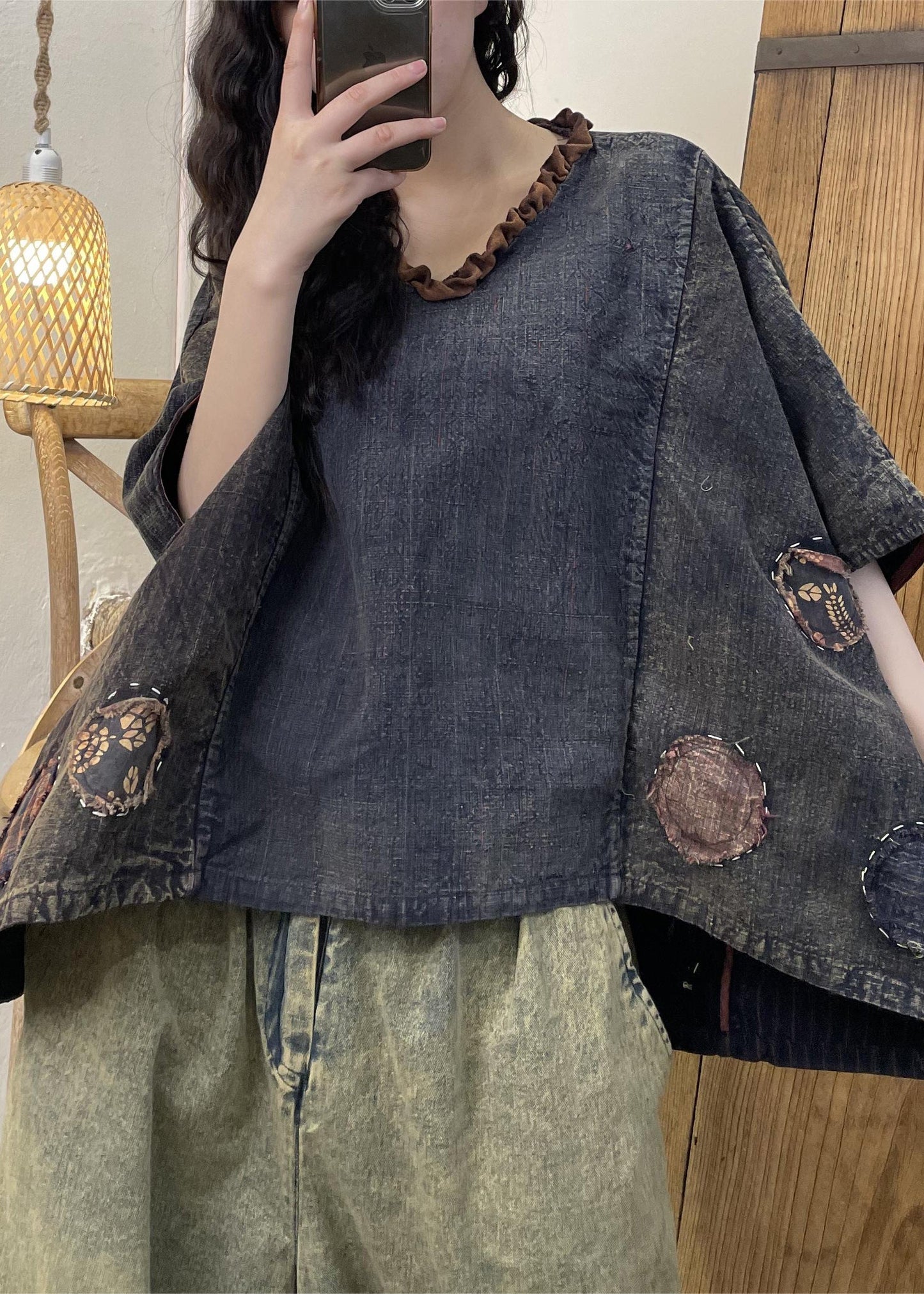 Loose Colorblock V Neck Ruffled Cotton T Shirt Summer GH1038