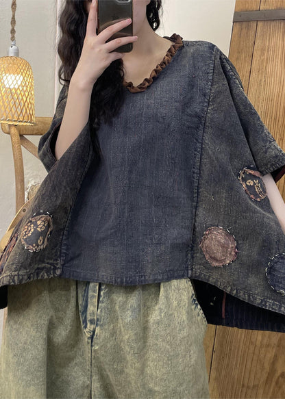 Loose Colorblock V Neck Ruffled Cotton T Shirt Summer GH1038