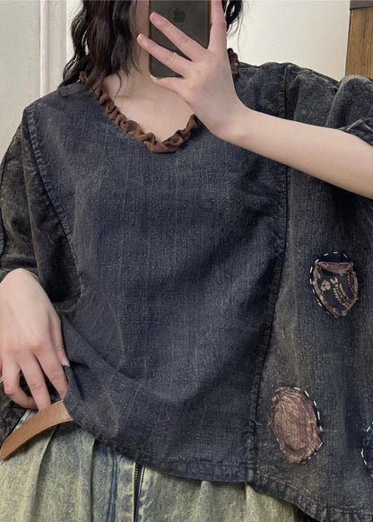 Loose Colorblock V Neck Ruffled Cotton T Shirt Summer GH1038