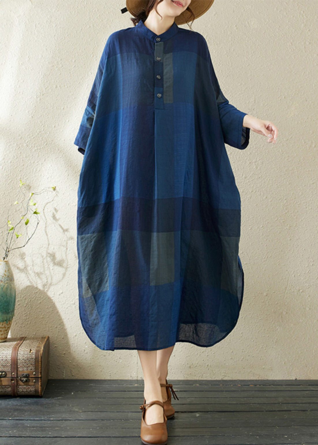 Plaid Dark Loose Stand Blue Side Dresses Collar Open Long