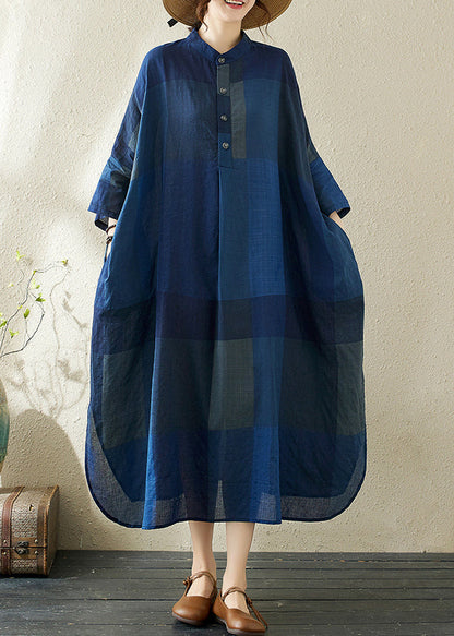 Plaid Dark Loose Stand Blue Side Dresses Collar Open Long