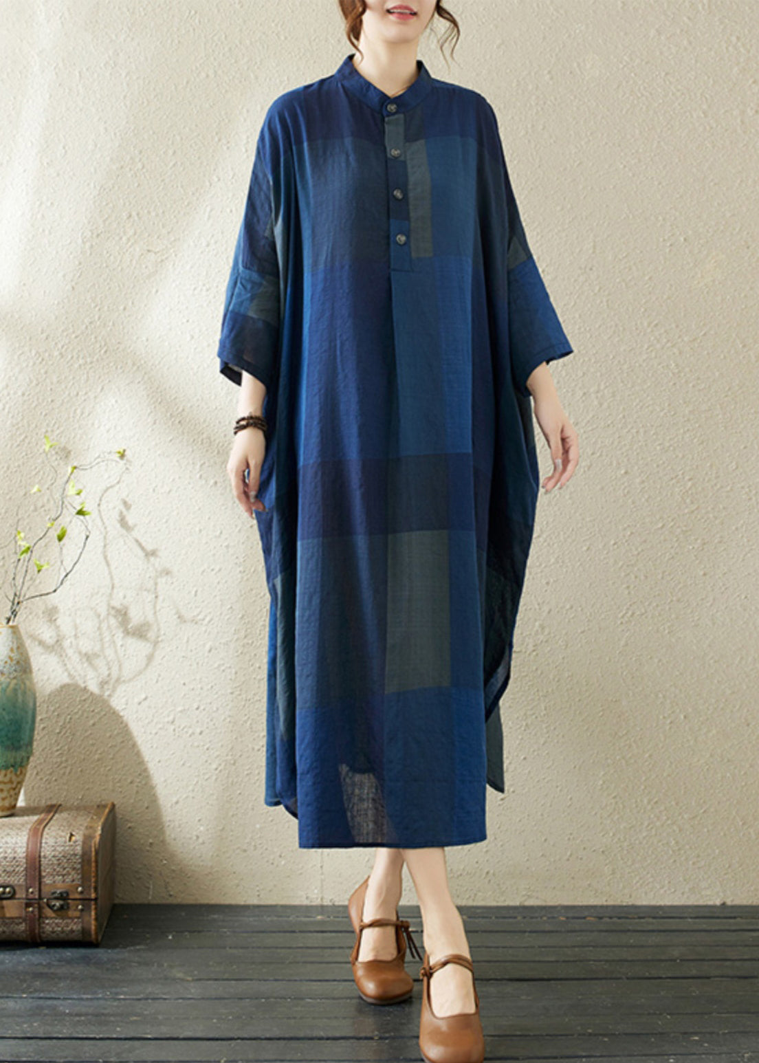 Plaid Dark Loose Stand Blue Side Dresses Collar Open Long