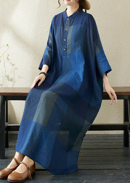 Plaid Dark Loose Stand Blue Side Dresses Collar Open Long