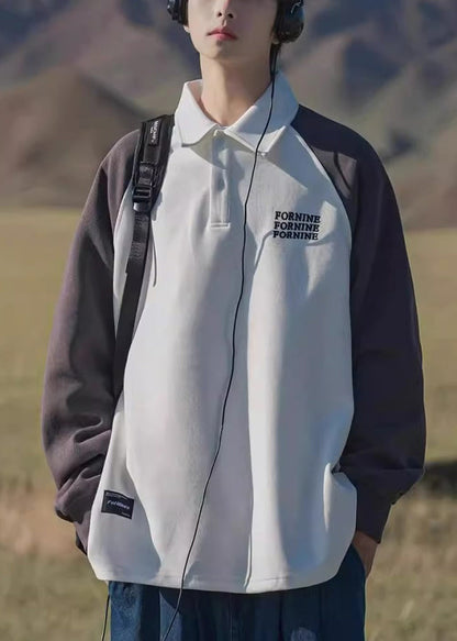 Gray Spring Button Sweatshirt TC016 Cotton Dark Print Loose Patchwork Men