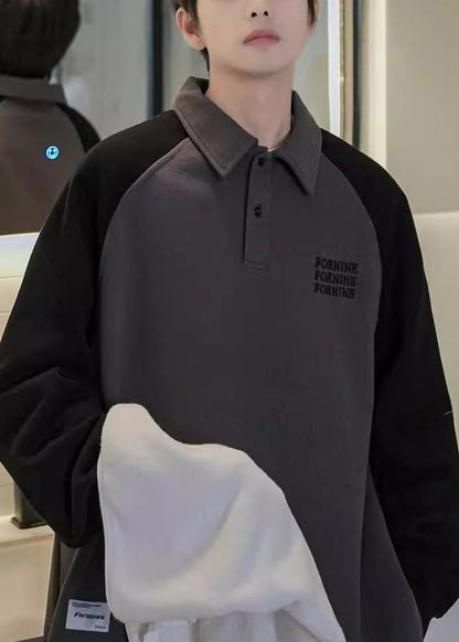 Gray Spring Button Sweatshirt TC016 Cotton Dark Print Loose Patchwork Men