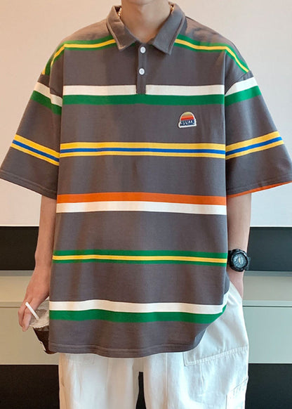 Half Sleeve Shirts Dark Gray Cotton Striped Loose Button Polo