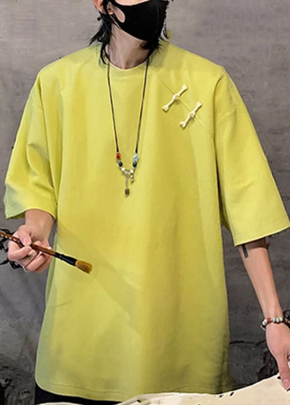 Cotton Button Green Fluorescent Shirts Loose Half Men T Solid