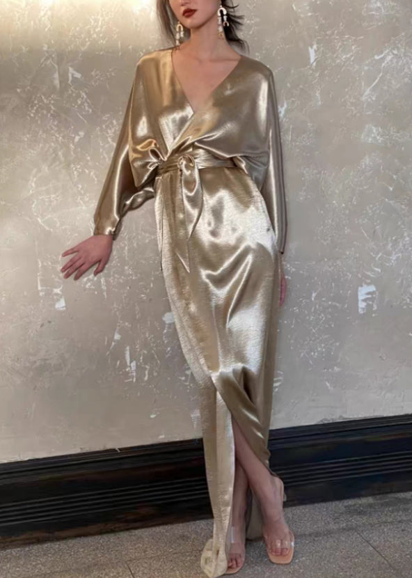 Silk V Neck Gold Waist Dresses Long Pockets Fall Loose Tie