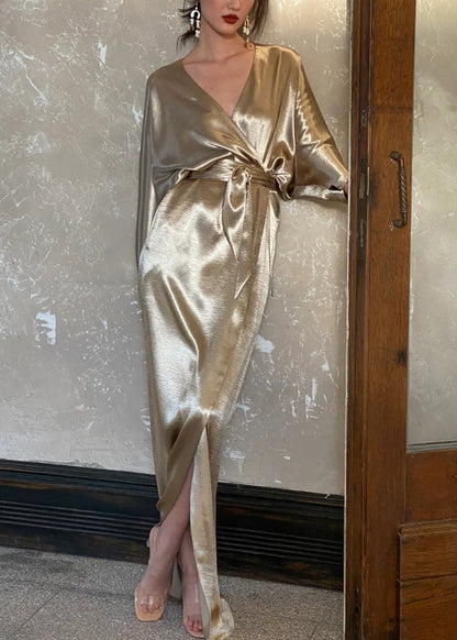 Silk V Neck Gold Waist Dresses Long Pockets Fall Loose Tie