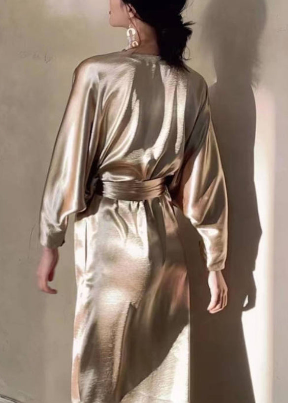 Silk V Neck Gold Waist Dresses Long Pockets Fall Loose Tie