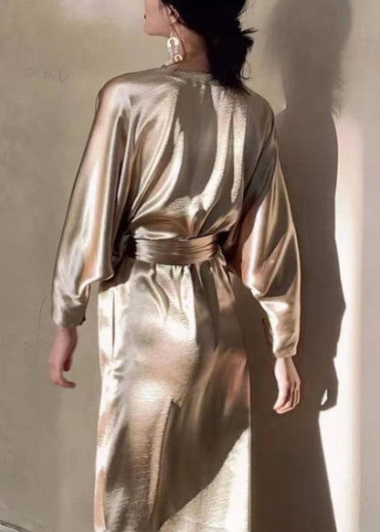 Silk V Neck Gold Waist Dresses Long Pockets Fall Loose Tie