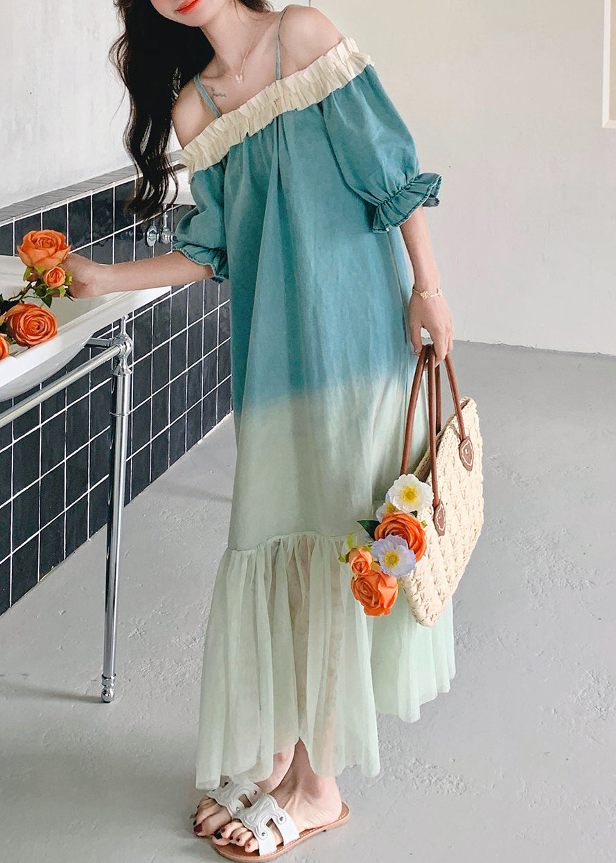 Loose Long Ruffled Gradient Patchwork Dresses Color Tulle