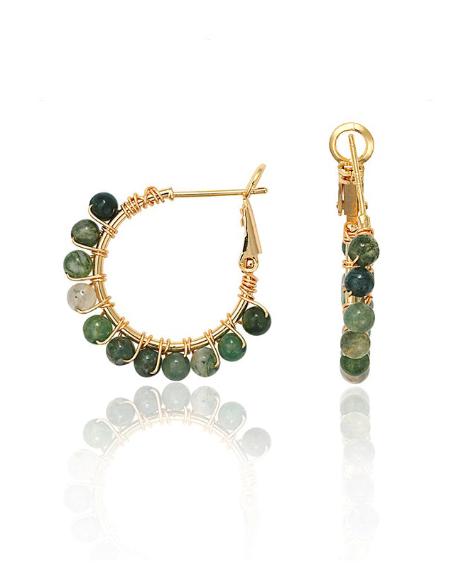 Loose Green Copper Overgild Gem Stone Hoop Earrings PO022