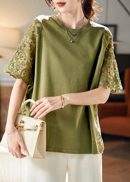Hollow Patchwork Out Shirts Lace Green Loose T Summer