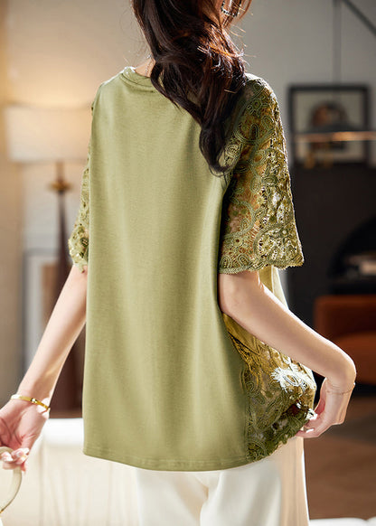 Hollow Patchwork Out Shirts Lace Green Loose T Summer