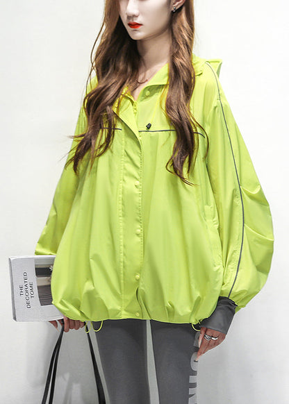 Drawstring Cotton Green Hooded Patchwork Loose Coat Summer