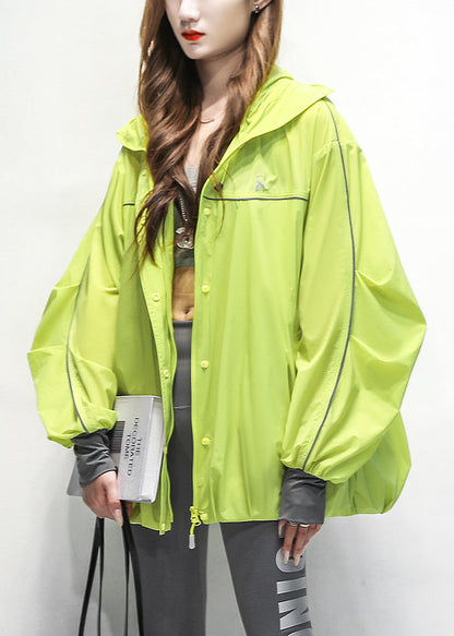 Drawstring Cotton Green Hooded Patchwork Loose Coat Summer